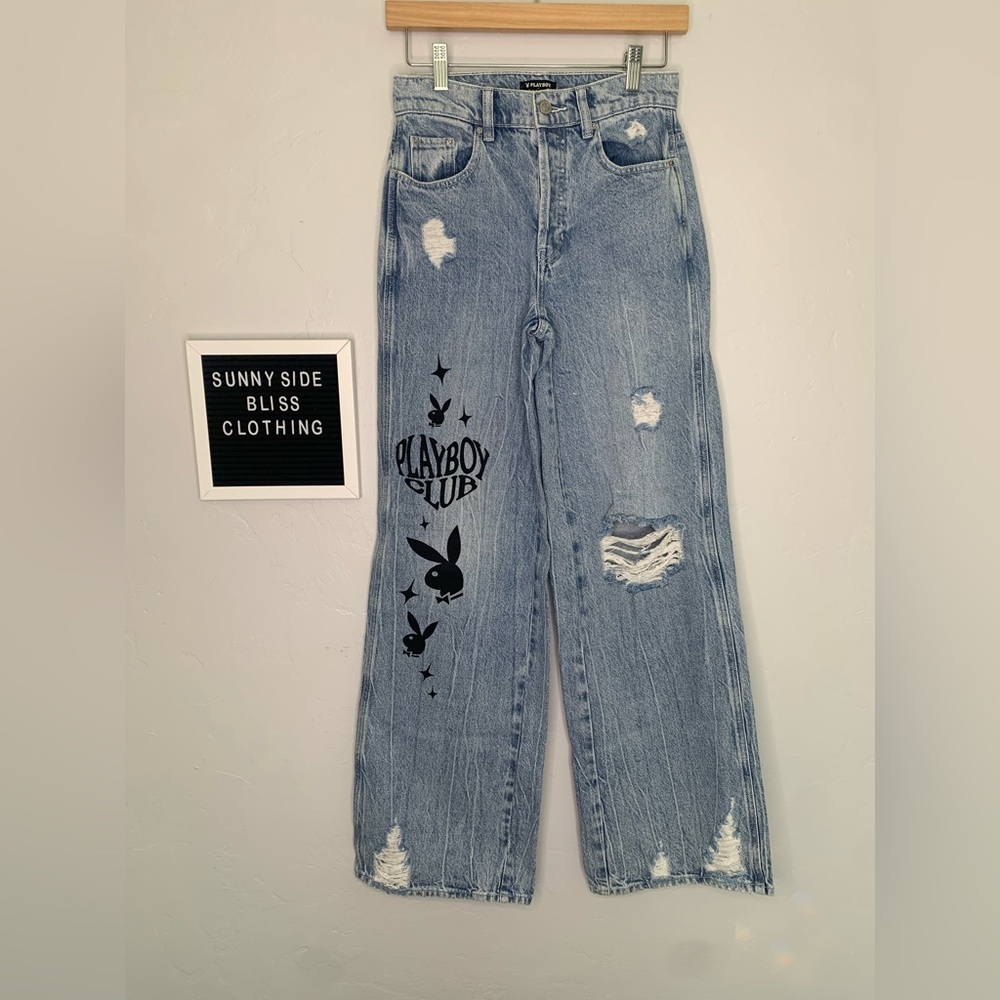 PacSun Light Blue Distressed Wide Leg Playboy Bunny Graphic Jeans Size 25